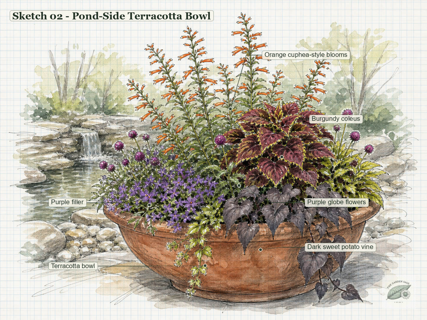 Terracotta pond container graph-paper sketch