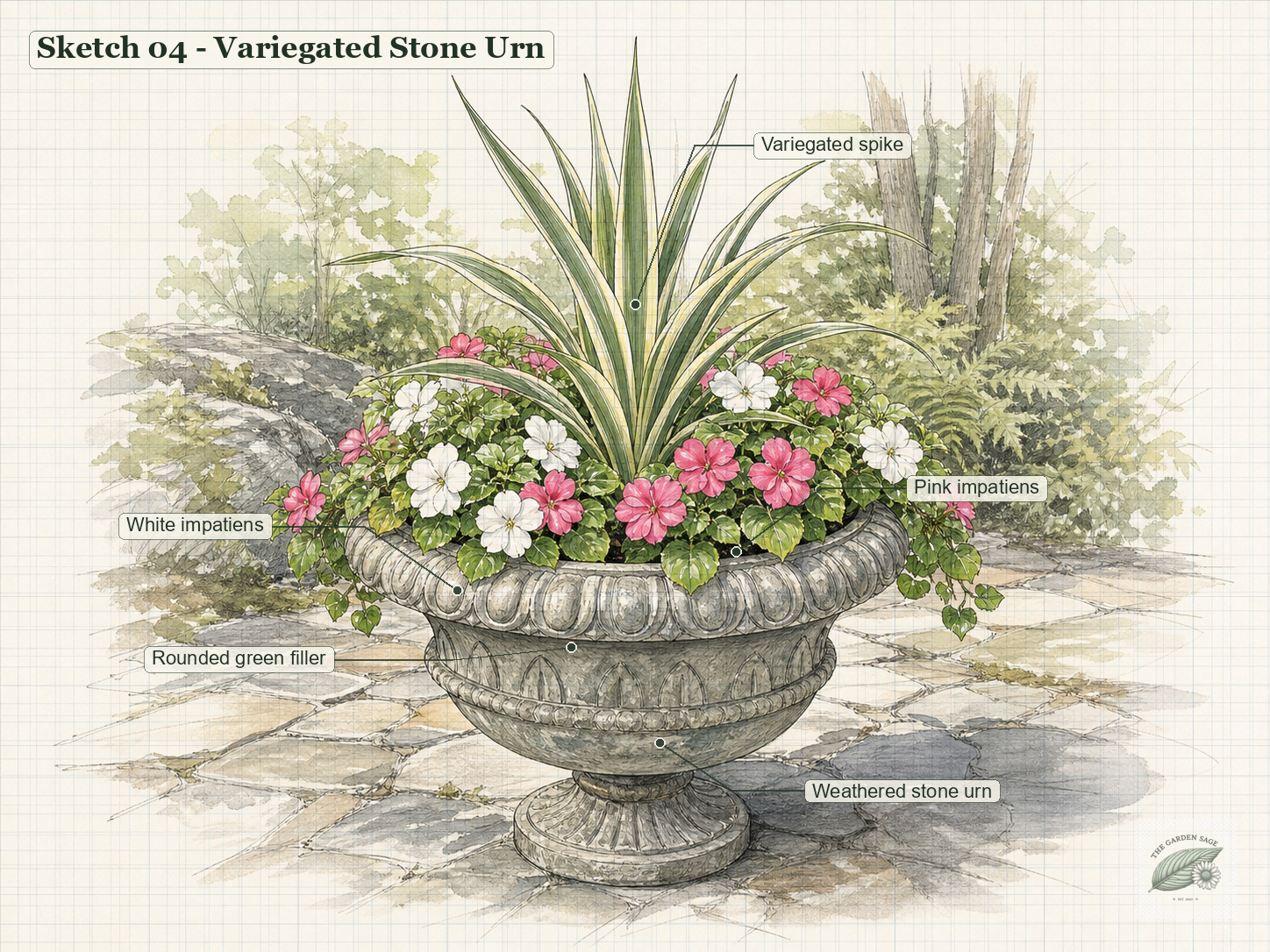 Stone urn graph-paper sketch