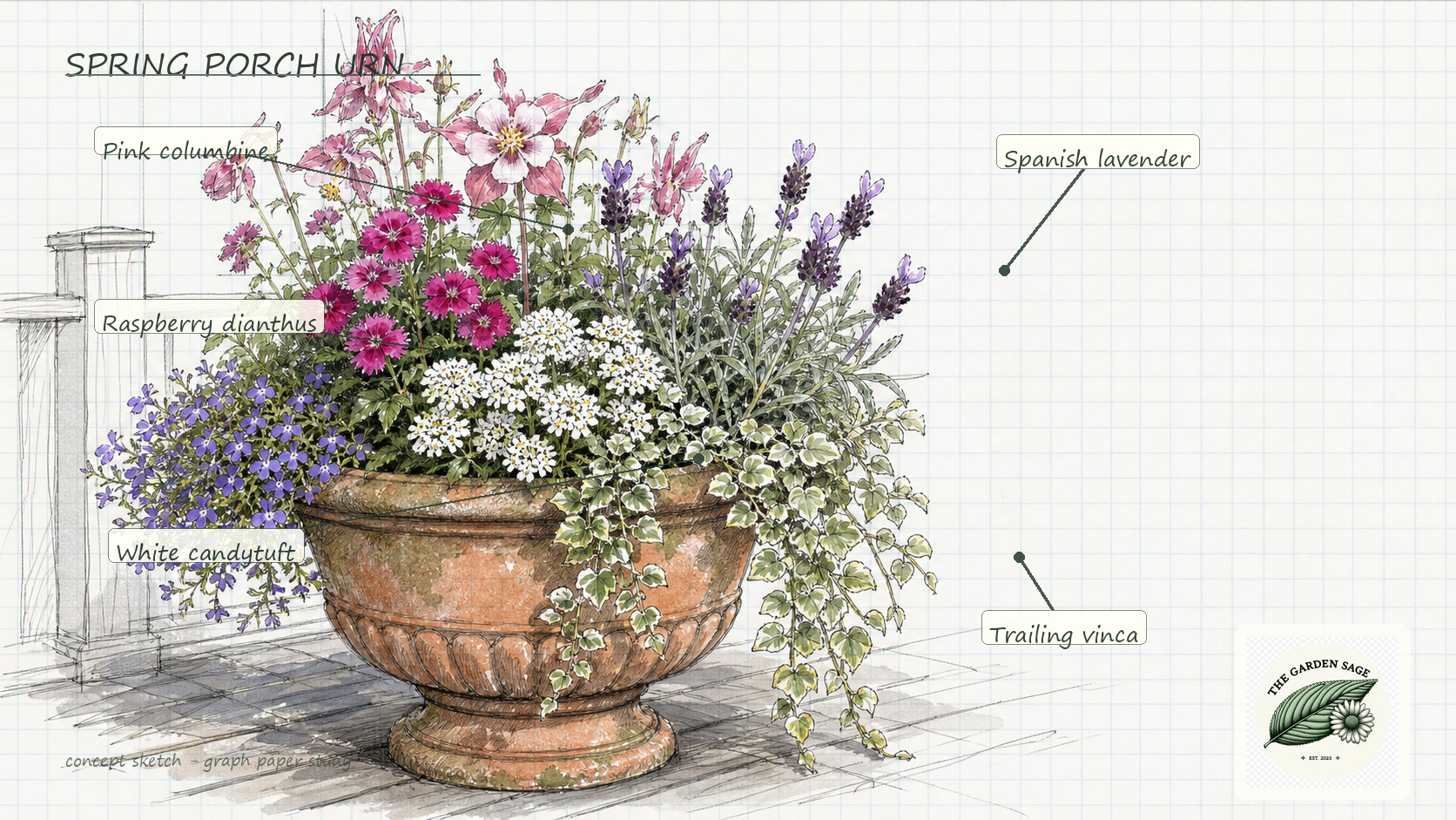 Spring porch urn sketch with labeled columbine, dianthus, candytuft, lavender, and trailing vinca