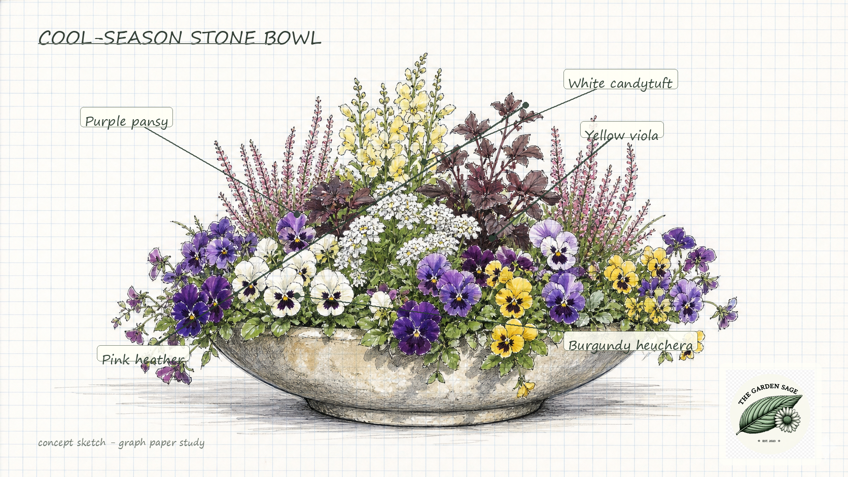 Cool-season stone bowl sketch with labeled pansies, violas, candytuft, heather, and heuchera