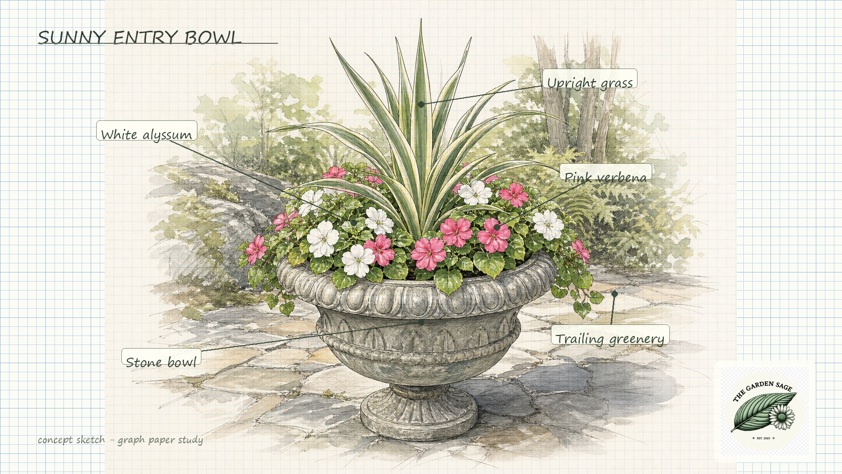 Sunny entry bowl sketch with labeled upright grass, alyssum, verbena, trailing greenery, and stone bowl