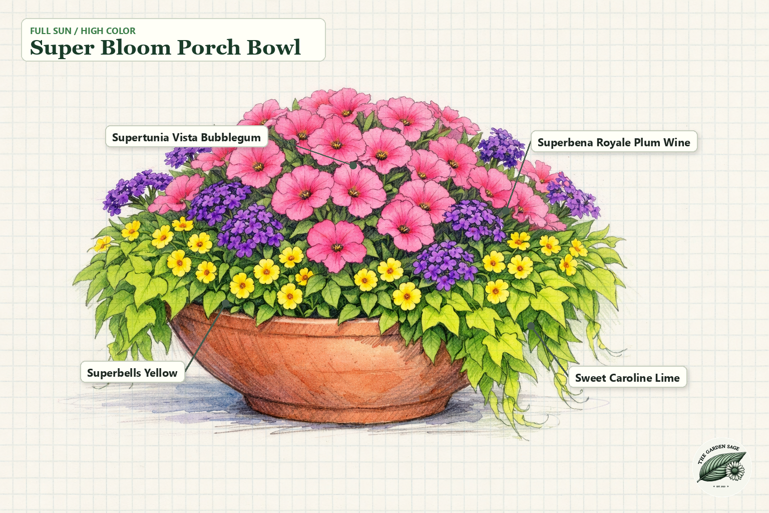 Super Bloom Porch Bowl sketch with Supertunia, Superbena, Superbells, and Sweet Caroline plant labels