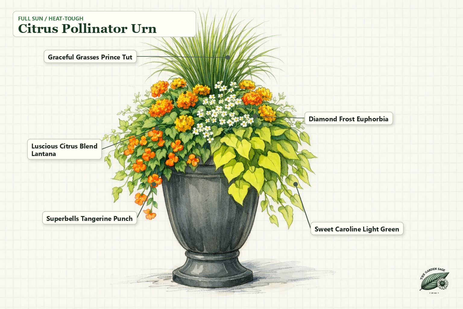 Citrus Pollinator Urn sketch with ornamental grass, lantana, euphorbia, calibrachoa, and sweet potato vine labels