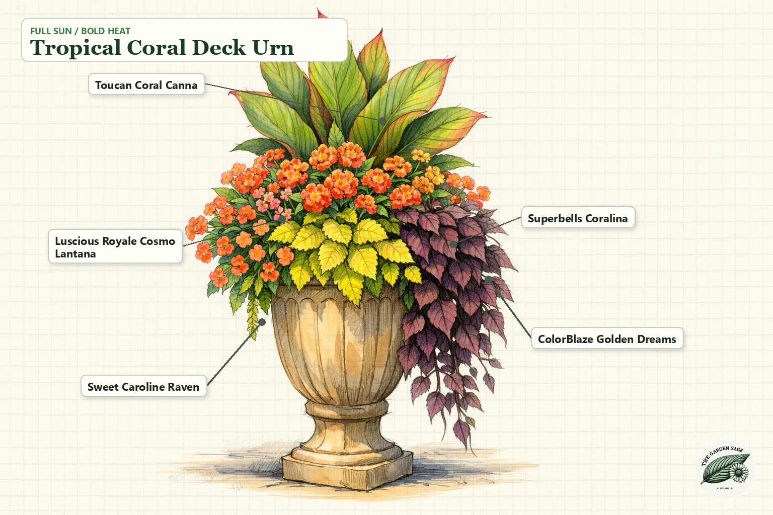 Tropical Coral Deck Urn sketch with canna, lantana, calibrachoa, coleus, and sweet potato vine labels