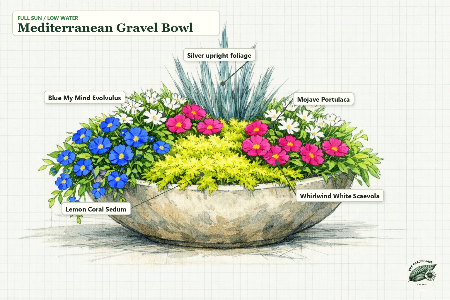 Mediterranean Gravel Bowl sketch with sedum, evolvulus, portulaca, scaevola, and silver foliage labels