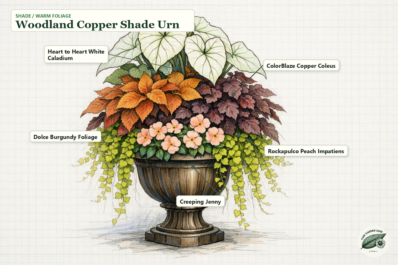 Woodland Copper Shade Urn sketch with caladium, coleus, burgundy foliage, impatiens, and creeping jenny labels