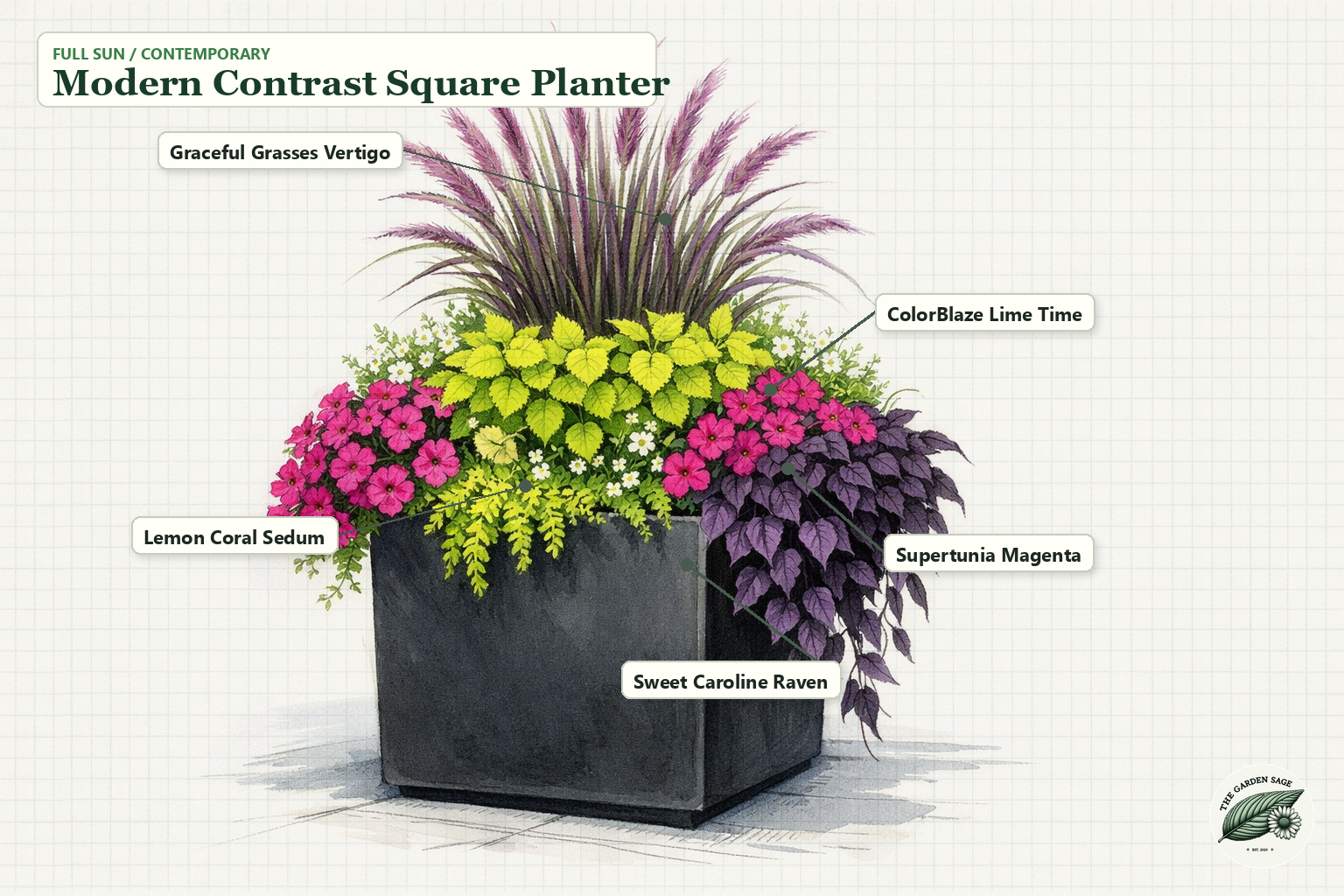Modern Contrast Square Planter sketch with ornamental grass, coleus, sedum, petunia, and sweet potato vine labels