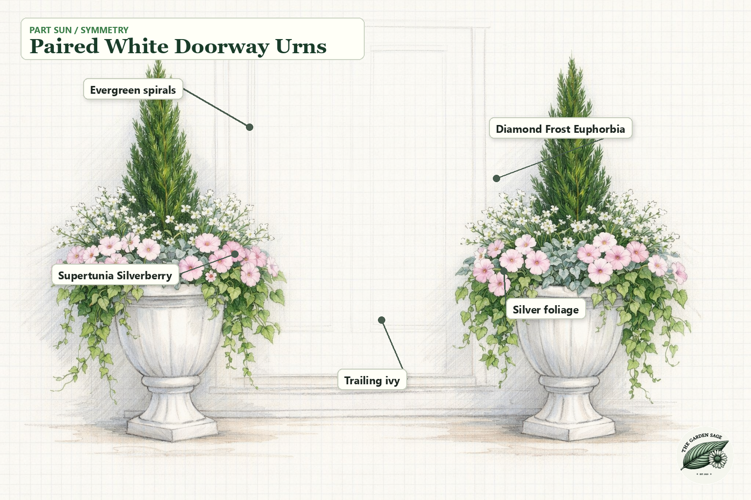 Paired White Doorway Urns sketch with evergreen spirals, euphorbia, petunia, silver foliage, and ivy labels