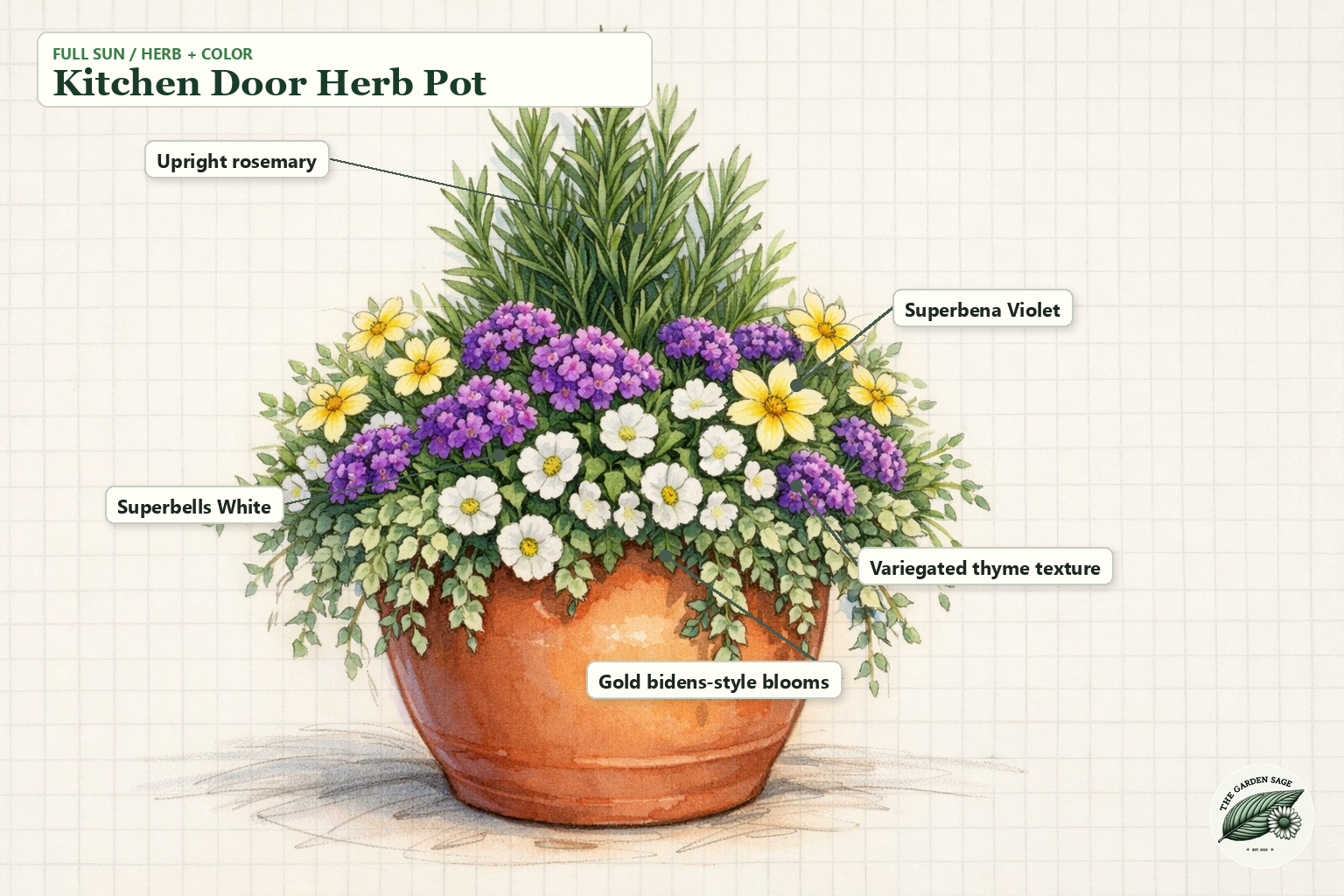 Kitchen Door Herb Pot sketch with rosemary, verbena, calibrachoa, thyme, and yellow flower labels