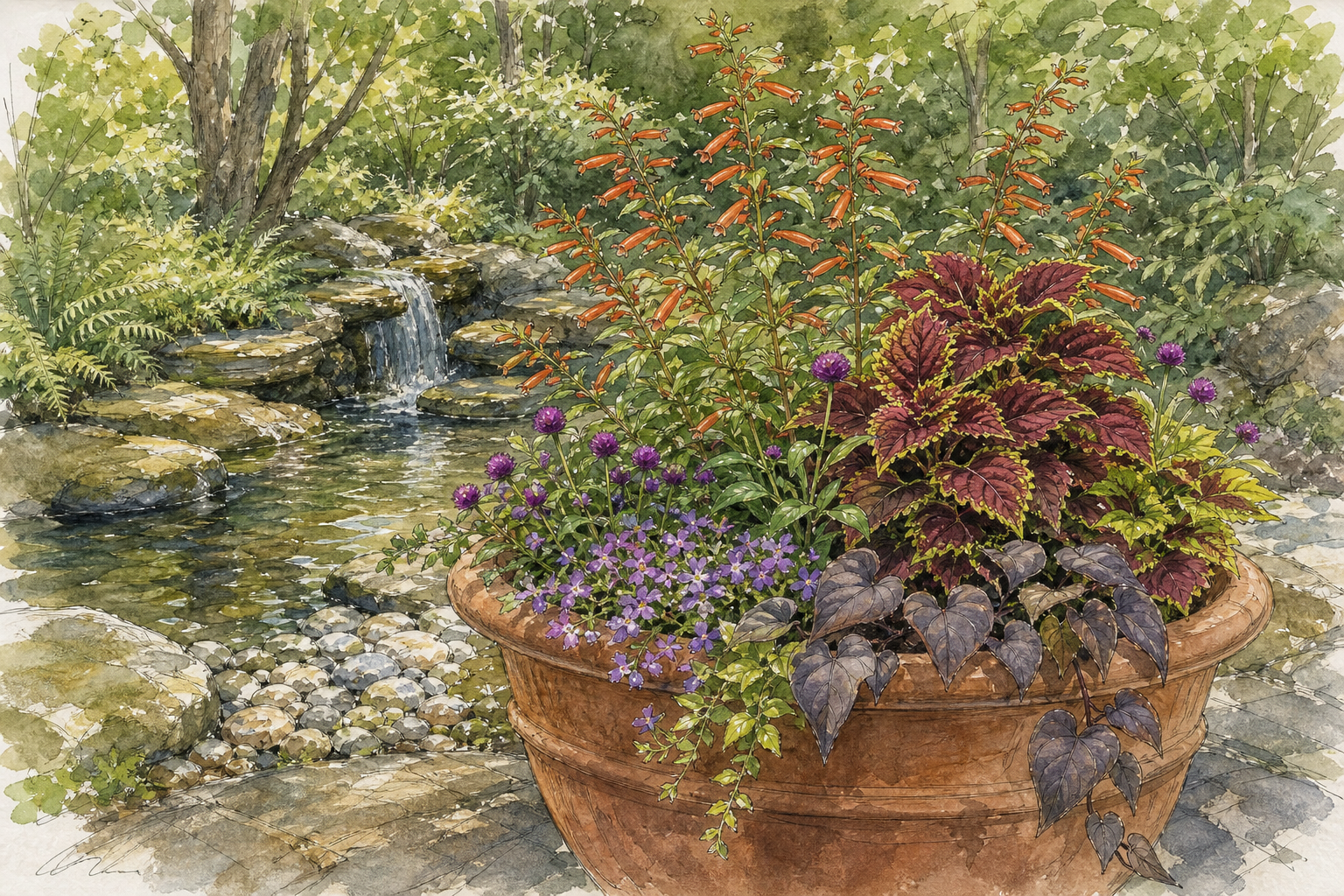 Pondside summer container sketch