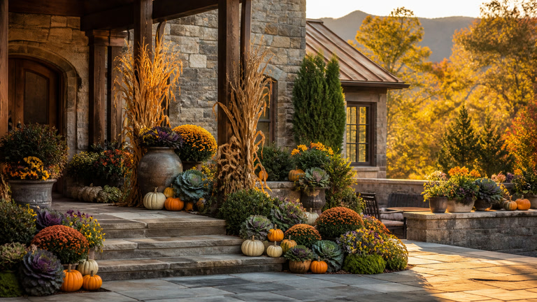 Refined mountain-home entrance and terrace styled with pumpkins, mums, ornamental cabbages, pansies, and cornstalks