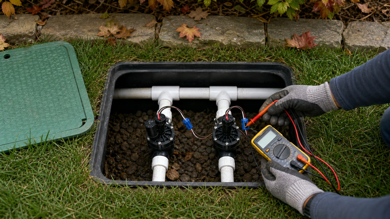 Residential irrigation valve manifold being professionally inspected in autumn