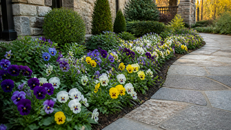Professionally planted pansy and viola bed beside a stone walkway