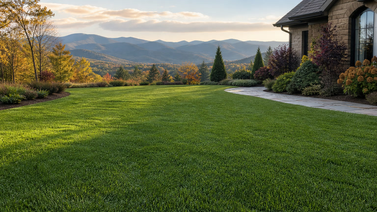 Healthy cool-season lawn at a refined mountain property in autumn