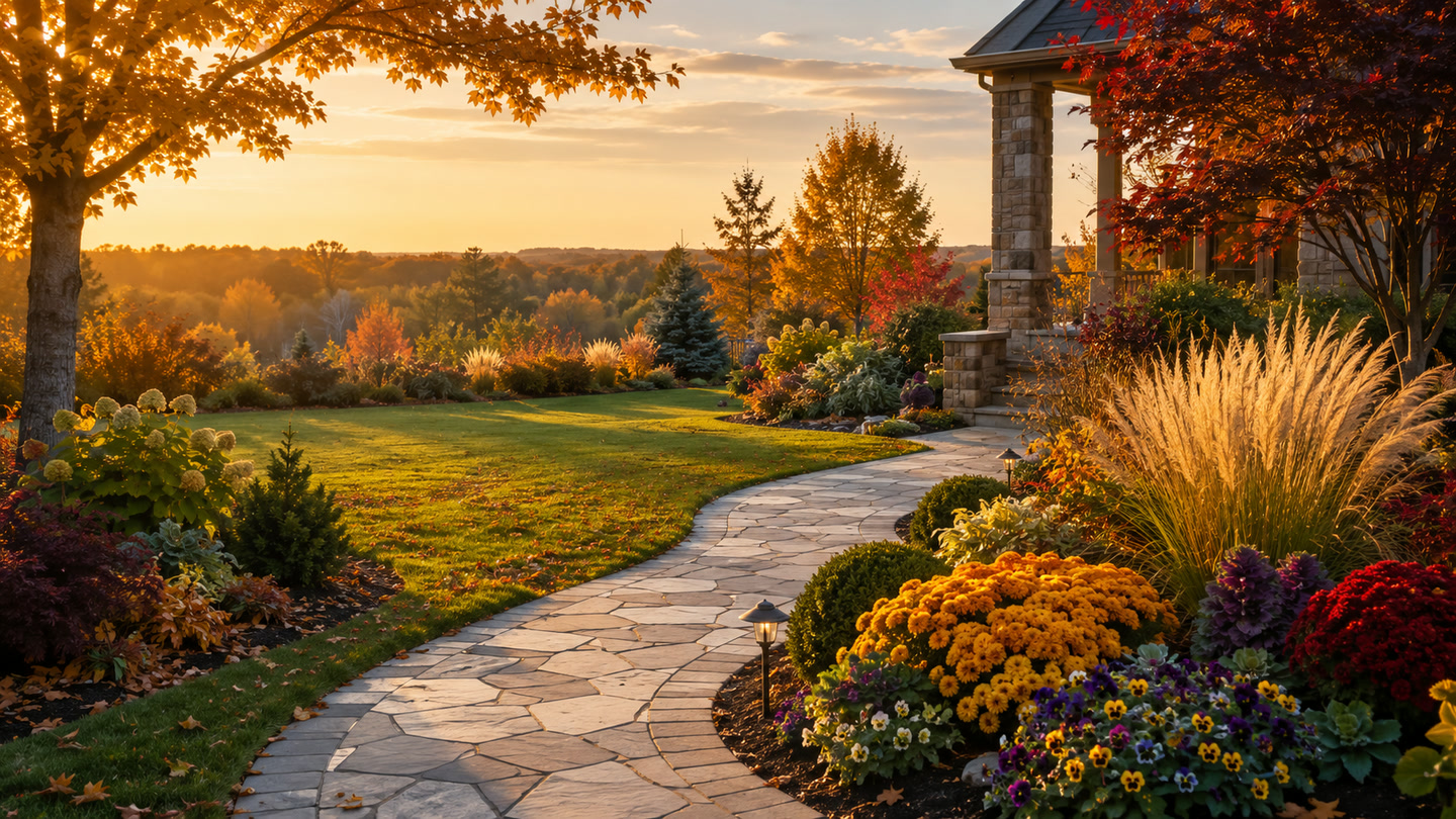 Refined mountain landscape in autumn at golden hour with lawn, stone path, fall foliage, and cool-season color