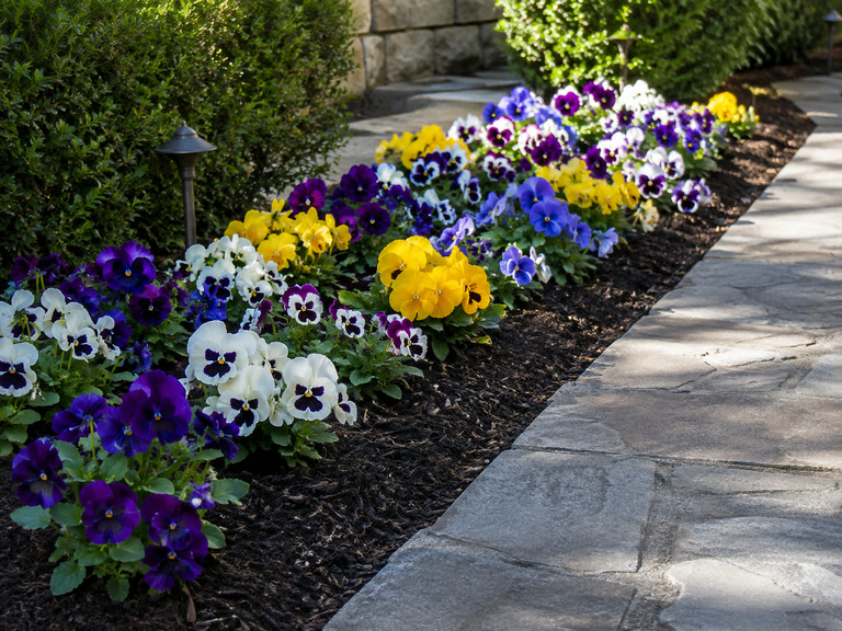 Purple, white, yellow, and blue pansies planted along a stone walkway