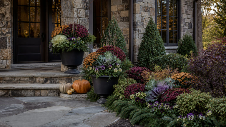 Refined autumn containers and cool-season plantings at a stone mountain-home entrance