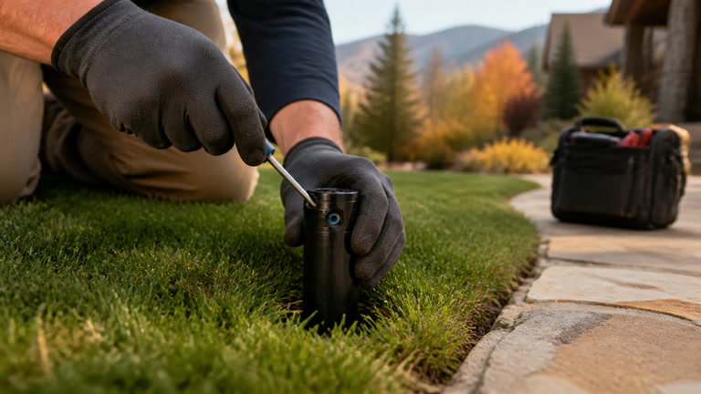 Irrigation technician adjusting a residential pop-up sprinkler beside a stone walkway