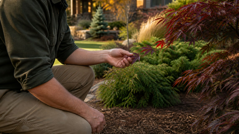 Horticultural professional inspecting Japanese maple foliage within a healthy autumn landscape