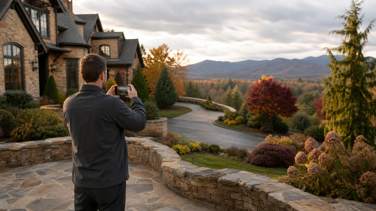 Property-care professional documenting an autumn mountain home for its owner