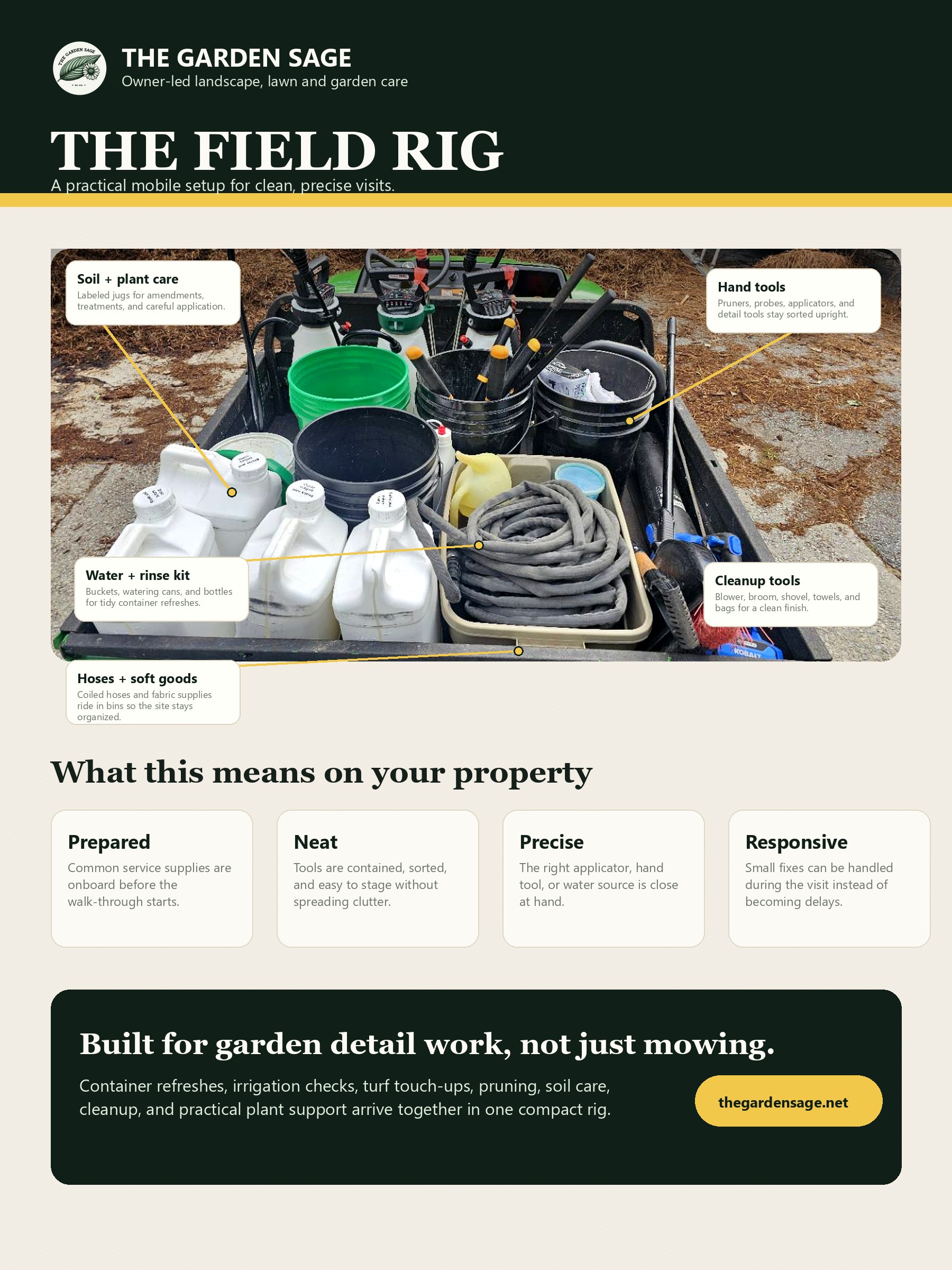 Poster breaking down The Garden Sage field rig equipment