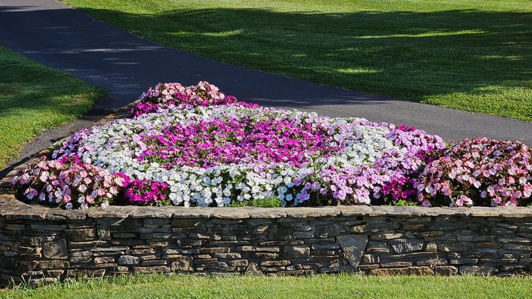 Stone-framed bed of pink, fuchsia, and white impatiens