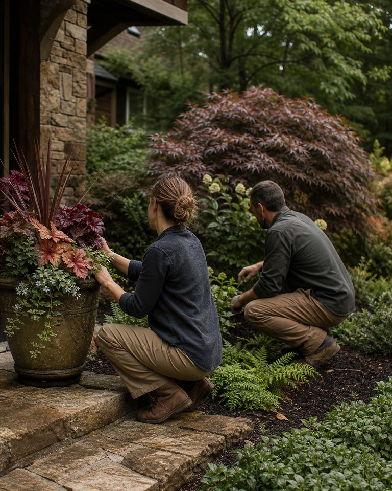Concept image of two horticultural professionals caring for a container planting and surrounding garden together