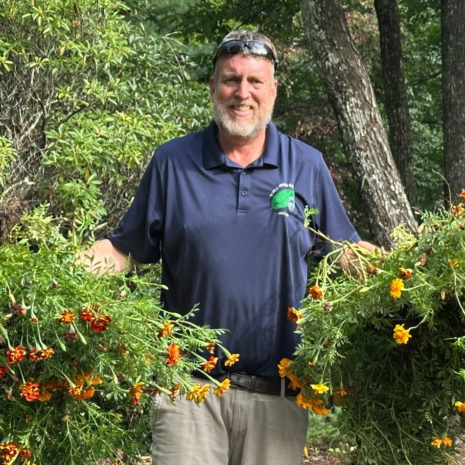 Josh standing among flowering plants in a Garden Sage shirt